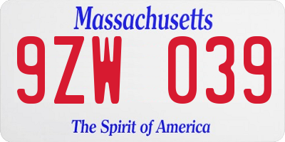 MA license plate 9ZW039