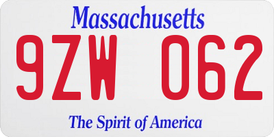 MA license plate 9ZW062