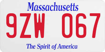 MA license plate 9ZW067