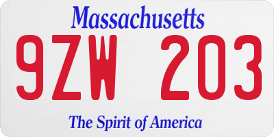 MA license plate 9ZW203