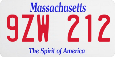 MA license plate 9ZW212