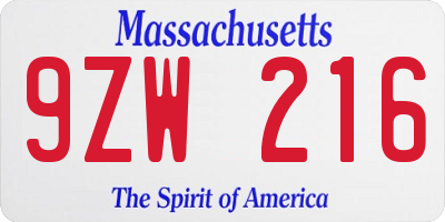 MA license plate 9ZW216