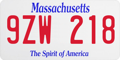 MA license plate 9ZW218