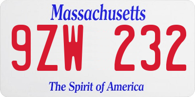 MA license plate 9ZW232