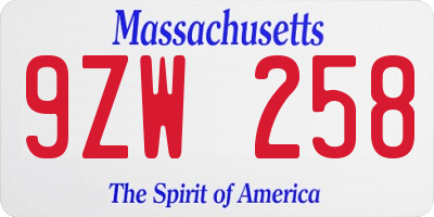 MA license plate 9ZW258