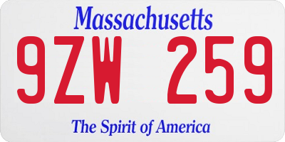 MA license plate 9ZW259