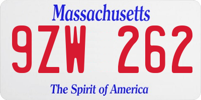 MA license plate 9ZW262
