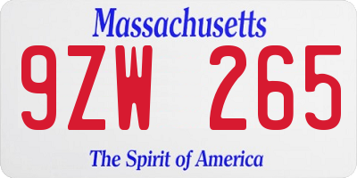 MA license plate 9ZW265