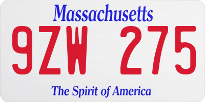 MA license plate 9ZW275