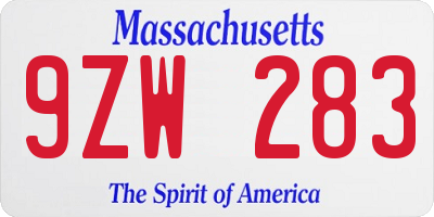 MA license plate 9ZW283