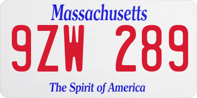 MA license plate 9ZW289