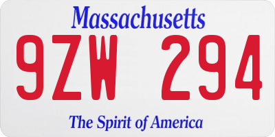 MA license plate 9ZW294
