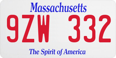 MA license plate 9ZW332
