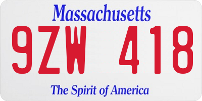 MA license plate 9ZW418