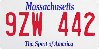 MA license plate 9ZW442