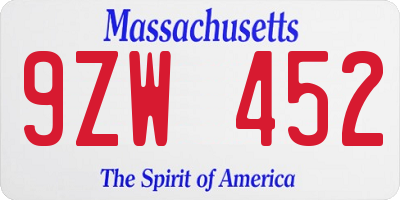 MA license plate 9ZW452