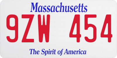 MA license plate 9ZW454