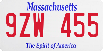 MA license plate 9ZW455