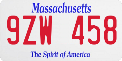 MA license plate 9ZW458