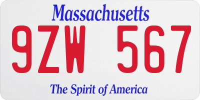 MA license plate 9ZW567