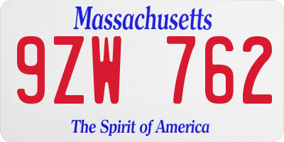 MA license plate 9ZW762