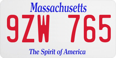 MA license plate 9ZW765