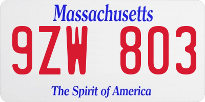 MA license plate 9ZW803