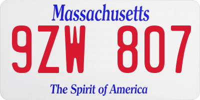 MA license plate 9ZW807