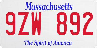 MA license plate 9ZW892