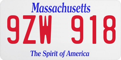 MA license plate 9ZW918