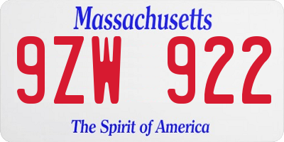 MA license plate 9ZW922