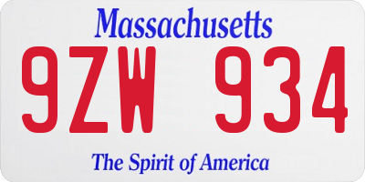 MA license plate 9ZW934