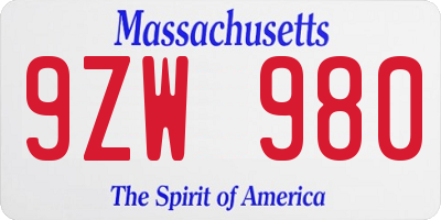 MA license plate 9ZW980