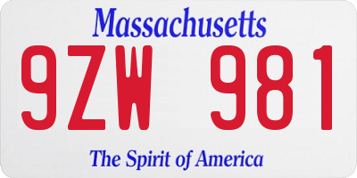 MA license plate 9ZW981