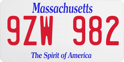 MA license plate 9ZW982