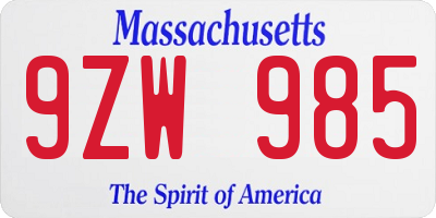 MA license plate 9ZW985