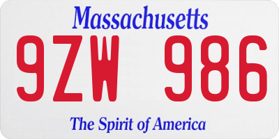 MA license plate 9ZW986