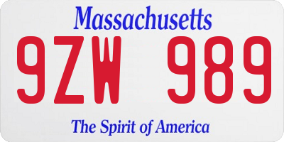 MA license plate 9ZW989