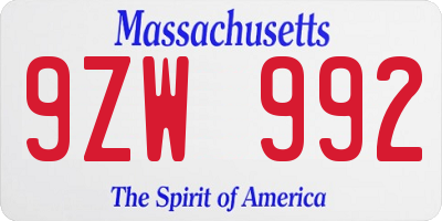 MA license plate 9ZW992