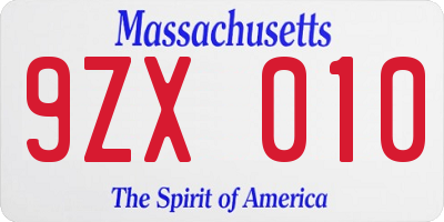 MA license plate 9ZX010