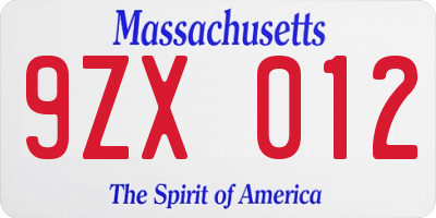 MA license plate 9ZX012