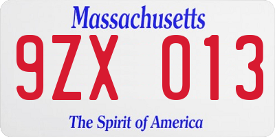 MA license plate 9ZX013