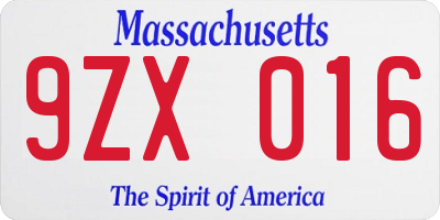 MA license plate 9ZX016