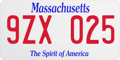 MA license plate 9ZX025