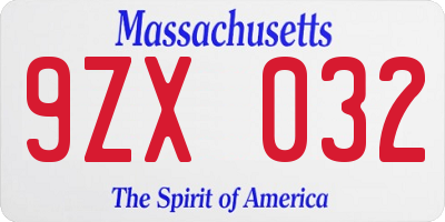 MA license plate 9ZX032