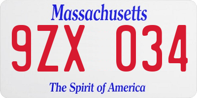 MA license plate 9ZX034