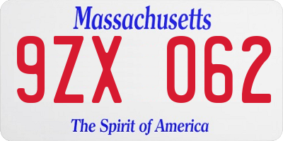 MA license plate 9ZX062