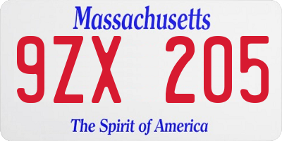 MA license plate 9ZX205