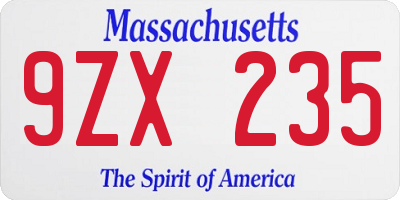 MA license plate 9ZX235