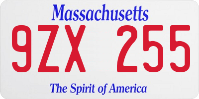 MA license plate 9ZX255